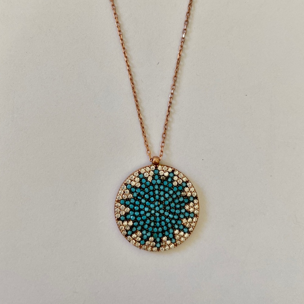 925 Silver blue sun necklace cz turquoise stones - Picture 2 of 2